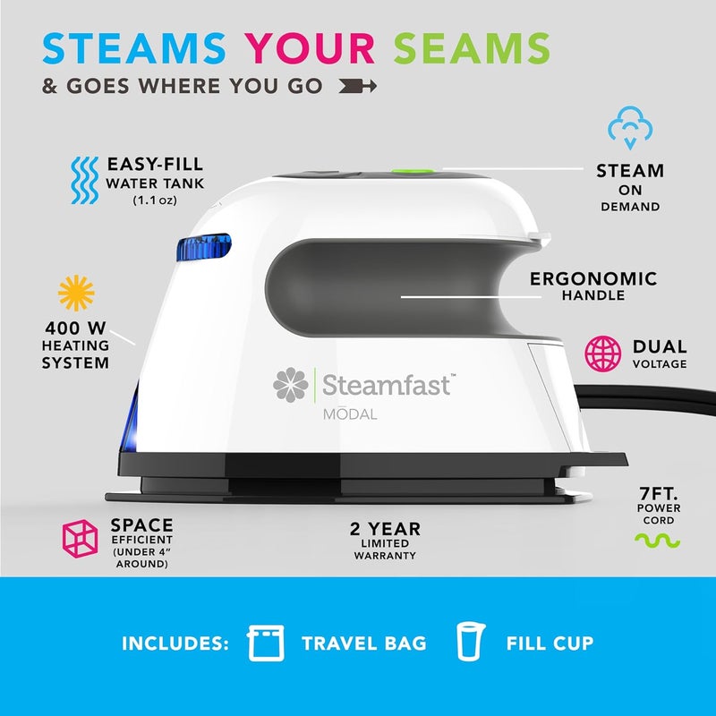 Steamfast مكواة بخار حرفية ذات جهد مزدوج مودال، قاعدة غير لاصقة تتعامل مع التجاعيد العنيدة، تحكم في درجة الحرارة، وقت تسخين سريع، محمولة، مناسبة للسفر، سهلة التنظيف، تخزين السلك، بيضاء - Image 3
